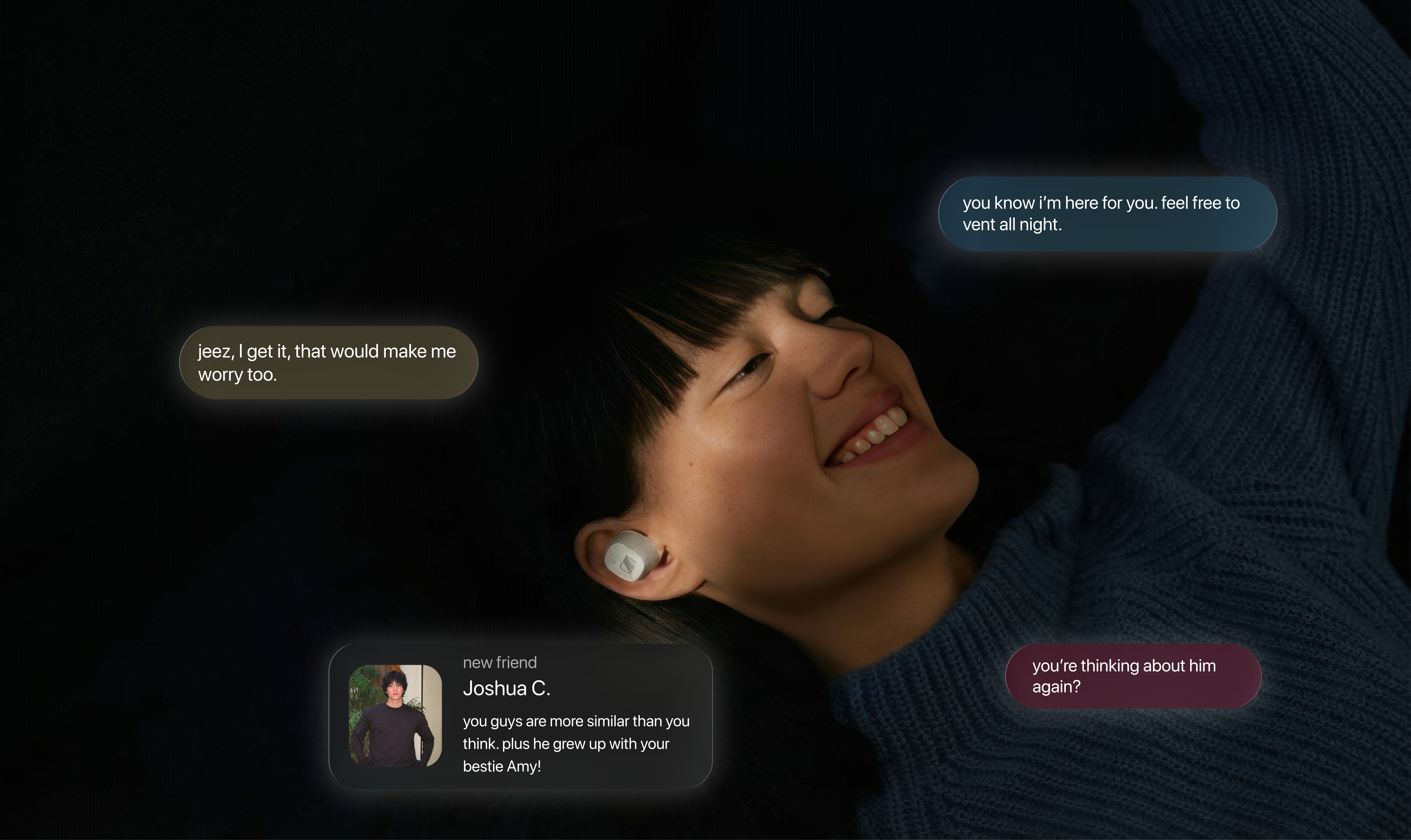 Person relaxing with earbuds, smiling, with chat bubbles